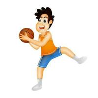 contento chico dibujos animados personaje jugando baloncesto. vector