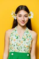 fashion woman outfit camomile beautiful young yellow style stylish flower happy photo