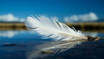 plumado elegancia en movimiento, cisne ala crea ondas en tranquilo estanque generado por ai foto