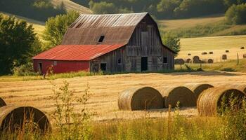Rustic farmhouse in autumn landscape with hay bales and mountains generated by AI photo