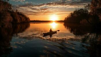 silueta de uno persona remar canoa a tranquilo puesta de sol estanque generado por ai foto