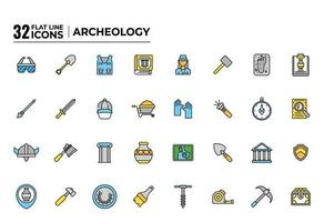 32 Colorful Archeology Icon Set on White Background. vector