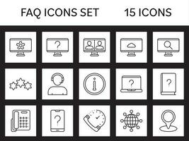 15 FAQ Linear Icon Set On Black And White Square Background. vector