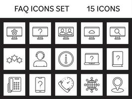 15 FAQ Linear Icon Set On Black And White Square Background. vector