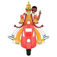 Cheerful Kathakali Dancer and South Indian Man Riding Together on Scooter. vector