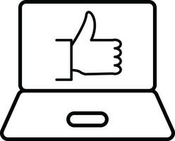 Hand up or Like symbol on laptop screen icon in thin line art. vector