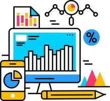 Data analysis financial infographic graph chart in computer and smartphone screen with document paper and pencil icon. vector