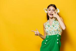 style woman flower camomile happy yellow fashion beautiful young stylish happiness photo