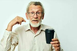 old man disposable glass drink emotions isolated background photo