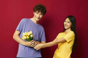 portrait of a man and a woman a bouquet of yellow flowers based friendship Lifestyle unaltered photo