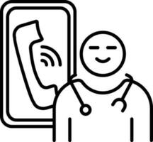 Black line art illustration of Emergency phone call in smartphone with Doctor Icon. vector