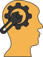 Human Head with Cogwheel and Wrench icon in yellow and black color. vector