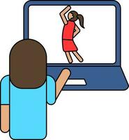 Back view of Woman doing yoga exercise with watching at the laptop screen icon. vector