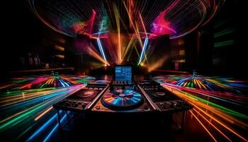 Electric mixer igniting vibrant colors in modern nightclub performance space generated by AI photo