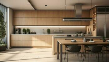 Modern domestic kitchen design with elegant wood table and steel appliances generated by AI photo