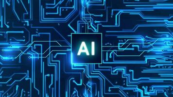 Circuit board with moving electrons and artificial intelligence AI. Data flow on a motherboard. Glowing circuit boards and electronic components. Concept of AI deep learning and AI technology. video