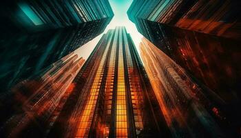Futuristic skyscraper reflects vibrant city life in multi colored patterns generated by AI photo