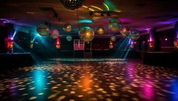 Vibrant nightclub celebration with multi colored lighting, disco ball and dancing generated by AI photo
