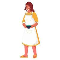 Young Woman Wearing Apron with Hold Bowl on White Background. vector