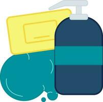 Soap bar with Foam and Pump Bottle icon in blue and yellow color. vector