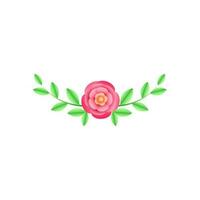 Glossy paper art pink flower with green leaves. vector