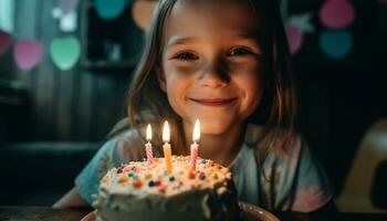 linda niño sonriente con alegría a cumpleaños fiesta celebracion adentro generado por ai foto