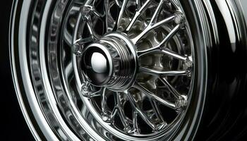 Shiny metallic alloy wheel on a modern sports car close up generated by AI photo