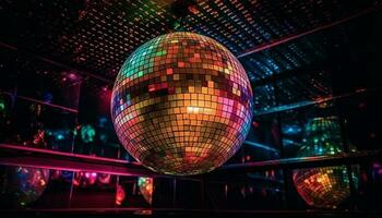 Nightclub party with disco dancing, vibrant colors, and glittering disco ball generated by AI photo