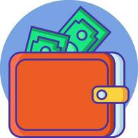 Flat style Wallet with Banknotes icon on blue circle shape. vector