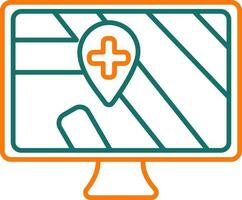 Green and Orange Line art Medical Street Location Point on Map in Monitor Screen icon. vector