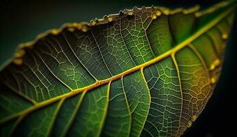 Vibrant leaf vein contrasts against black water backdrop generated by AI photo