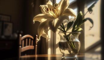 florero en mesa flores por ventana elegancia generado por ai foto