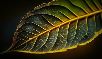 Vibrant yellow leaf vein on dark backdrop generated by AI photo