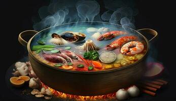 Fresh seafood stew cooked with vegetables and spices ,generative AI photo