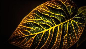 Leaf veins illuminated glowing yellow against black backdrop generated by AI photo