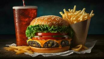 French fries and hamburger in fast food restaurant ,generative AI photo