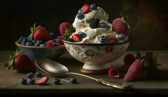 Fresh summer berries and yogurt on wood table ,generative AI photo