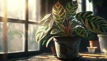 Green houseplant on window sill soaking up sunlight generated by AI photo