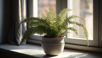 verde frescura prospera en Doméstico ventana umbral generado por ai foto