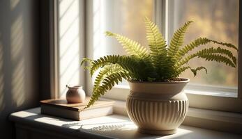 Indoor nature green leaves on window sill decoration generated by AI photo