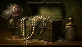 Old fashioned trunk holds antique pearl jewelry treasure generated by AI photo