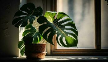 adentro verde plantas en ventana umbral verano vibraciones generado por ai foto