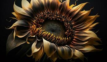 Sunflower plant in close up yellow petals shining generated by AI photo