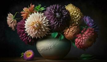 Vase of multi colored flowers on wood table generated by AI photo