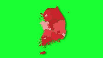 politiek kaart van zuiden Korea verschijnt en verdwijnt in rood kleuren geïsoleerd Aan groen scherm of chroma sleutel achtergrond. zuiden Korea kaart tonen verschillend verdeeld staten. staat kaart. video