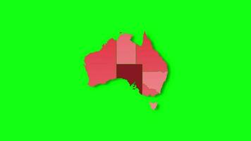 Politic map of Australia appears and disappears in red colors isolated on green screen or chroma key background. Australia map showing different divided states. State map. video