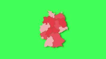 Politic map of Germany appears and disappears in red colors isolated on green screen or chroma key background. Germany map showing different divided states. State map. video