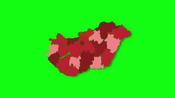 Politic map of Hungary appears and disappears in red colors isolated on green screen or chroma key background. Hungary map showing different divided states. State map. video