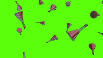 Erlenmeyer flasks background. Falling glass Erlenmeyer flasks over green screen or chroma key. Rain of Erlenmeyer flasks across the screen. video