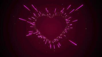 Pink magic heart shape made of particles and bright rays flying in a tunnel on gradient dark pink background. Fast moving light pink lines. Valentine's day, mother's day, love and marriage concept. video